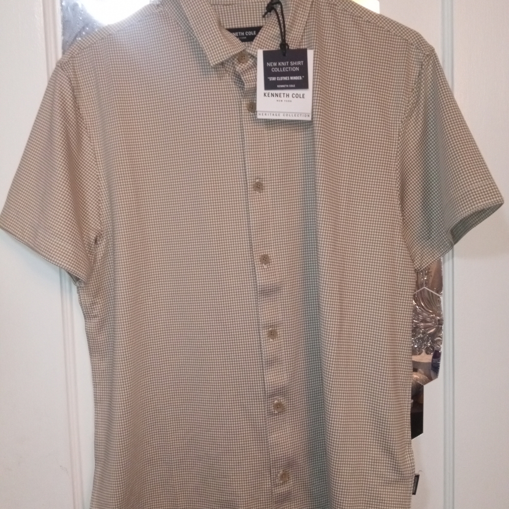 NWT Kenneth Cole Men's Tan Checkered Short Sleeve Shirt